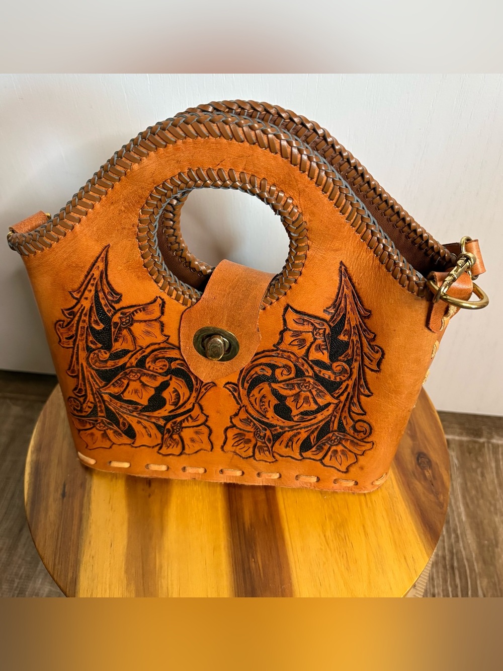 Hand-Made Tooled Leather Top Handle Bag Detachable Crossbody Strap Boho Floral